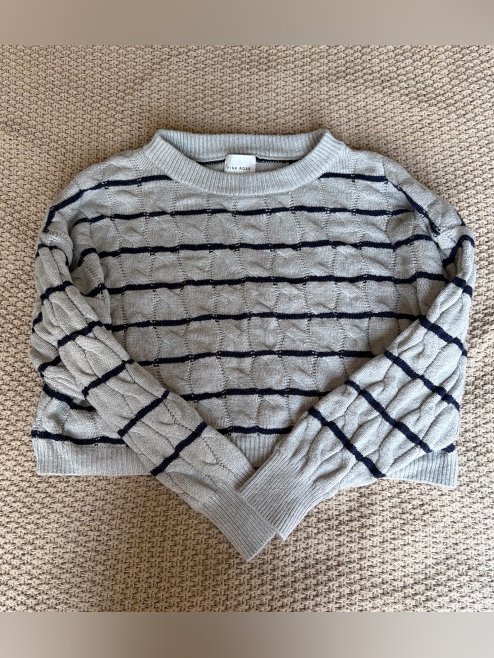Cropped Grey & Blue Striped Knit Sweater